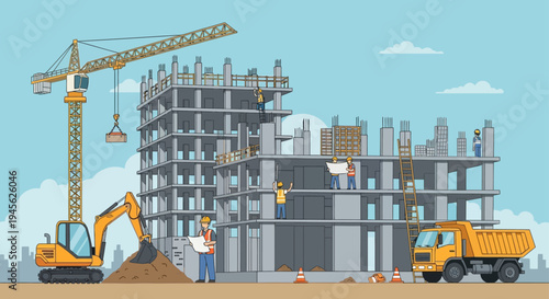 Construction site with excavator and crane.
