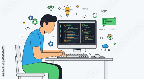 Man working on computer programming code.