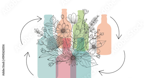 Colorful Bottles with Botanical Flowers and Circular Arrows Vector Illustration