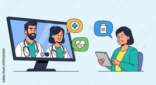 Telemedicine consultation with doctor on screen.