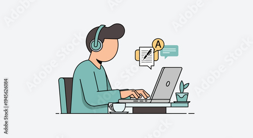 Man wearing headset working on laptop.