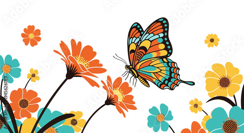 Colorful Butterfly Flying Over Blooming Flowers, Nature Garden Design Elements