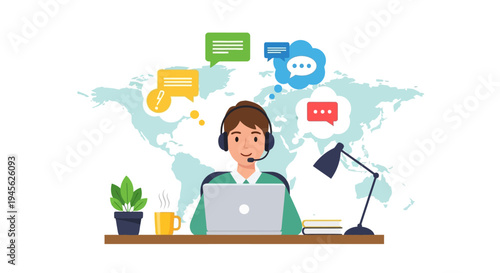 Woman Wearing Headset Using Laptop Computer.