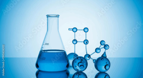 Blue molecular model and beaker science.