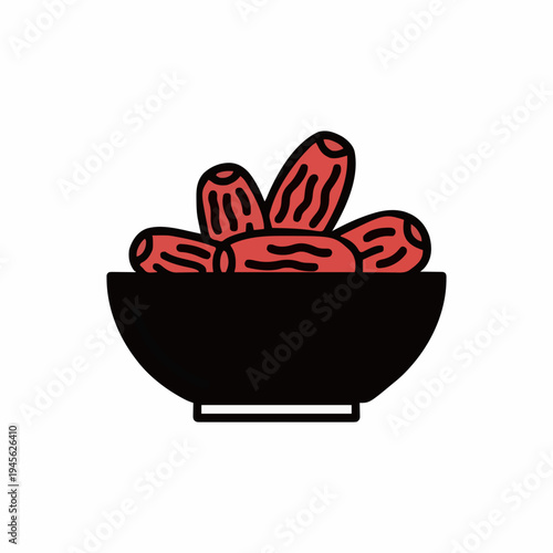 Simple Red Dates In A Black Bowl Illustration With Clean White Background