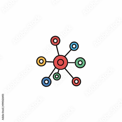 Abstract colorful molecular structure with red center and orbiting colorful circles against a white background representing connection and network science