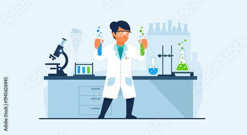Scientist in lab coat holding beakers.