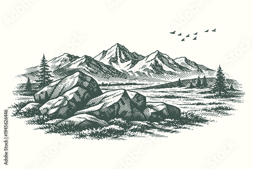 Vintage engraving of massive rocky boulders in the foreground with sharp mountain peaks and flying birds for hiking and geology exploration themes.
