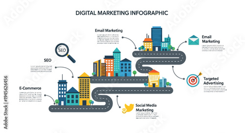 Digital marketing infographic cityscape graphic design.