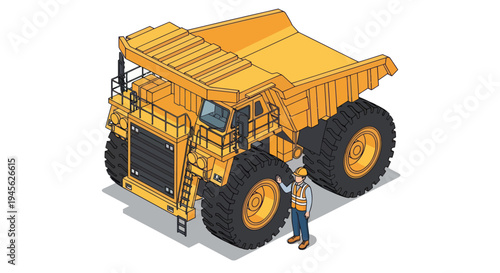 Giant Mining Dump Truck with Worker Standing Beside It.