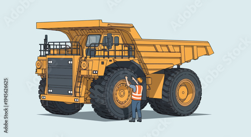 Giant Mining Dump Truck with Worker Standing Next to Tire.