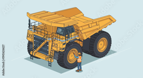 Giant Mining Dump Truck with Worker Standing Nearby.