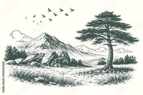 Vintage woodcut style landscape showing a solitary majestic tree in a grassy field with birds flying over distant mountain peaks for nature branding.