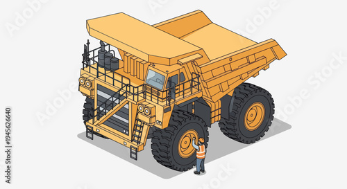 Isometric illustration of a giant mining dump truck with a worker.