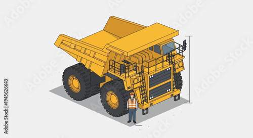 Isometric illustration of a giant mining dump truck with a worker.