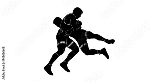 Silhouette of Two Wrestlers Engaged in Intense Match on White Background.