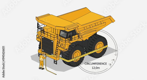 Isometric illustration of a giant yellow dump truck with a person measuring its tire circumference.