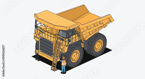 Isometric illustration of a giant yellow mining dump truck with a worker.
