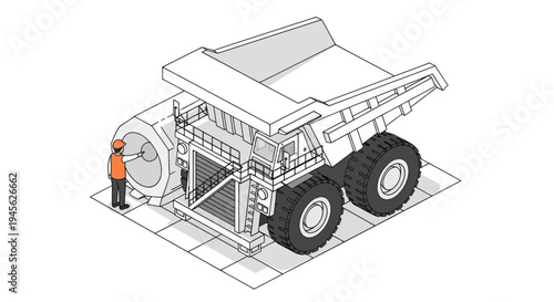Isometric illustration of a giant mining dump truck with a worker standing next to its massive tire.