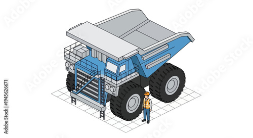 Isometric illustration of a large blue mining dump truck with a worker standing next to it.