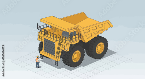 Isometric illustration of a giant yellow mining dump truck with a worker standing next to it.