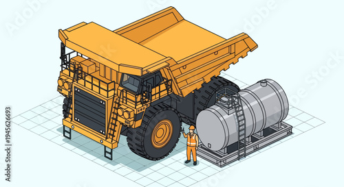 Isometric illustration of a large mining dump truck and fuel tank with a worker.