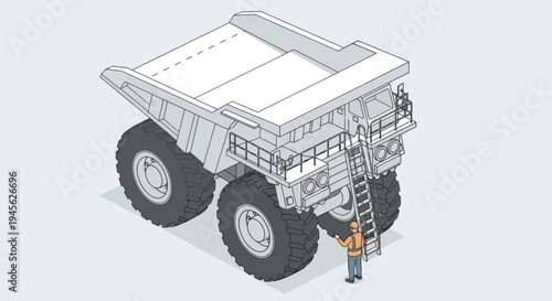 Isometric illustration of a large industrial dump truck with a worker climbing a ladder.
