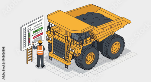 Isometric illustration of a worker inspecting a large mining dump truck with coal.