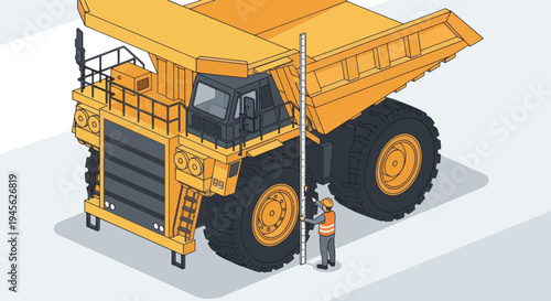 Isometric illustration of a worker measuring a large mining dump truck.