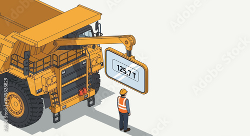 Isometric illustration of a worker observing a large dump truck with a digital display showing its weight.