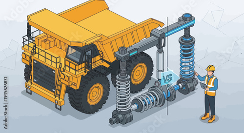 Isometric illustration of a mining dump truck maintenance.