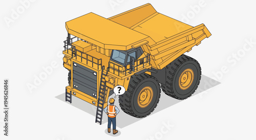 Isometric illustration of a worker standing next to a giant dump truck.
