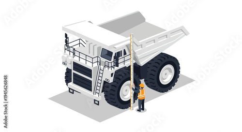 Isometric View of a Giant Mining Dump Truck and Worker.