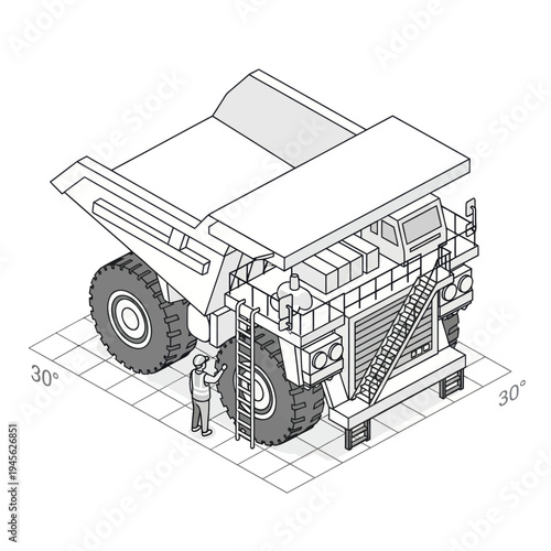 Isometric view of a large mining dump truck with a worker.