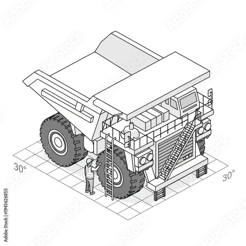 Isometric view of a large mining dump truck with a worker.