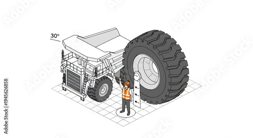 Isometric view of a large mining truck and a worker next to its giant tire.