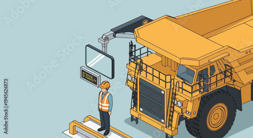 Isometric view of a worker inspecting a large mining dump truck.