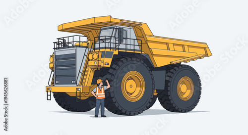 Large Yellow Mining Dump Truck with Worker Inspecting Tire.