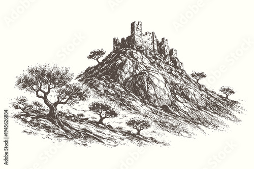 Detailed pen and ink drawing of ancient castle ruins perched on a rocky hill with gnarled trees for historical and fantasy book illustrations.