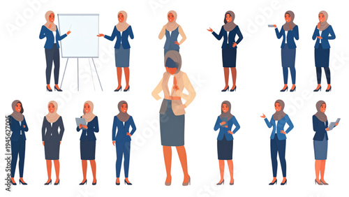 Business Woman in Hijab Character Set – Professional Poses Vector Illustration