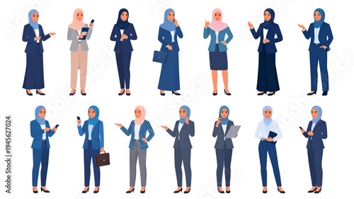 Business Woman in Hijab Character Set – Professional Poses Vector Illustration