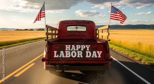 Vintage red truck driving down a road with american flags on labor day