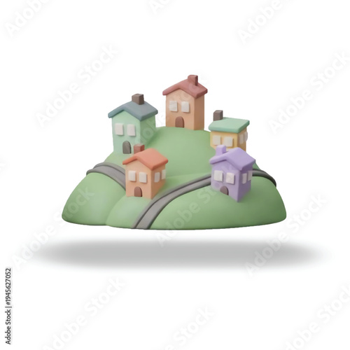 Miniature 3D Model of a Village on a Hill%3A A Charming and Colorful Diorama