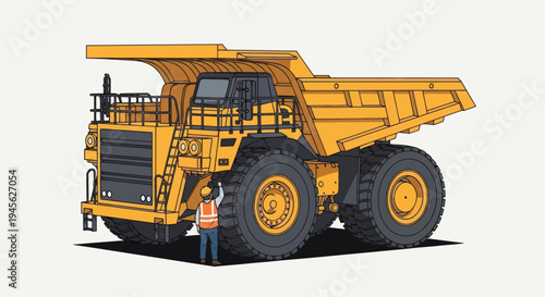 Massive Yellow Haul Truck with Worker for Scale in Mining Operation.