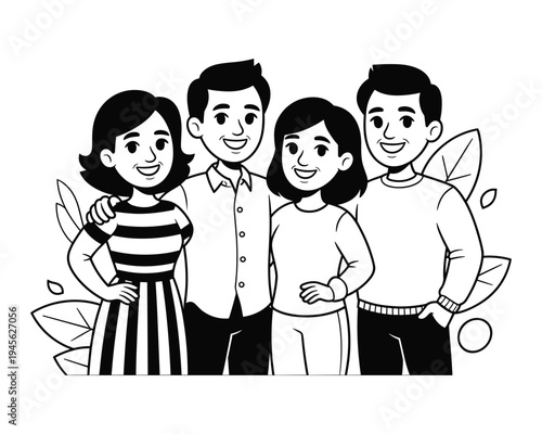 A happy cartoon family of four smiling and posing together with decorative leaves