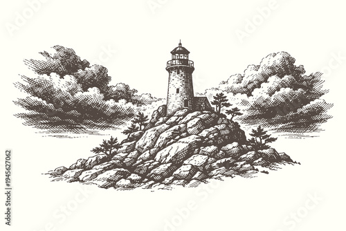 Detailed woodcut style illustration of a lonely lighthouse standing on a jagged rocky island under dramatic clouds for maritime and nautical themes.