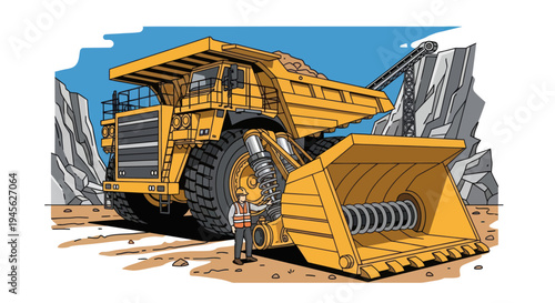 Massive Yellow Mining Dump Truck and Excavator.