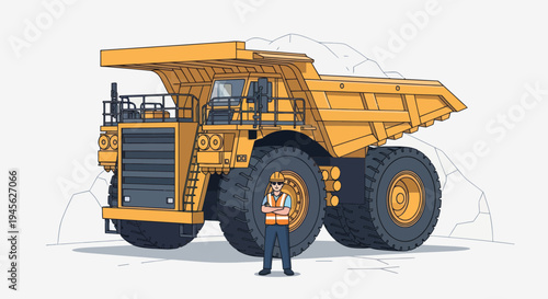 Massive yellow mining dump truck with a worker standing in front of it.