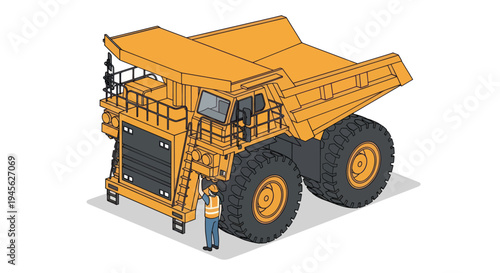 Massive yellow mining dump truck with a worker standing next to it.
