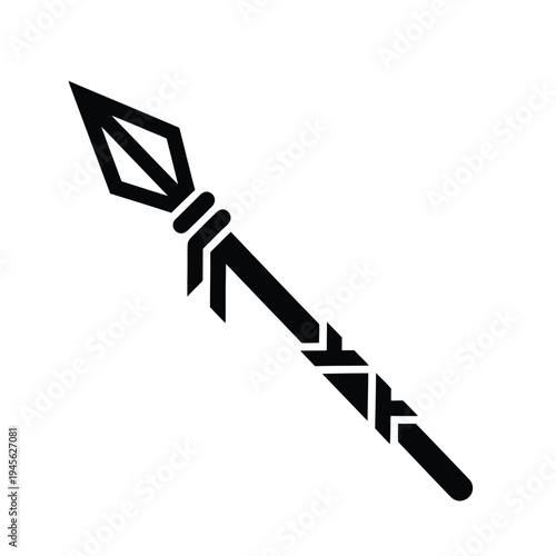 Black silhouette of a traditional spear with a sharp, diamond-shaped arrowhead and decorative wrapping on the shaft, depicted against a white background.